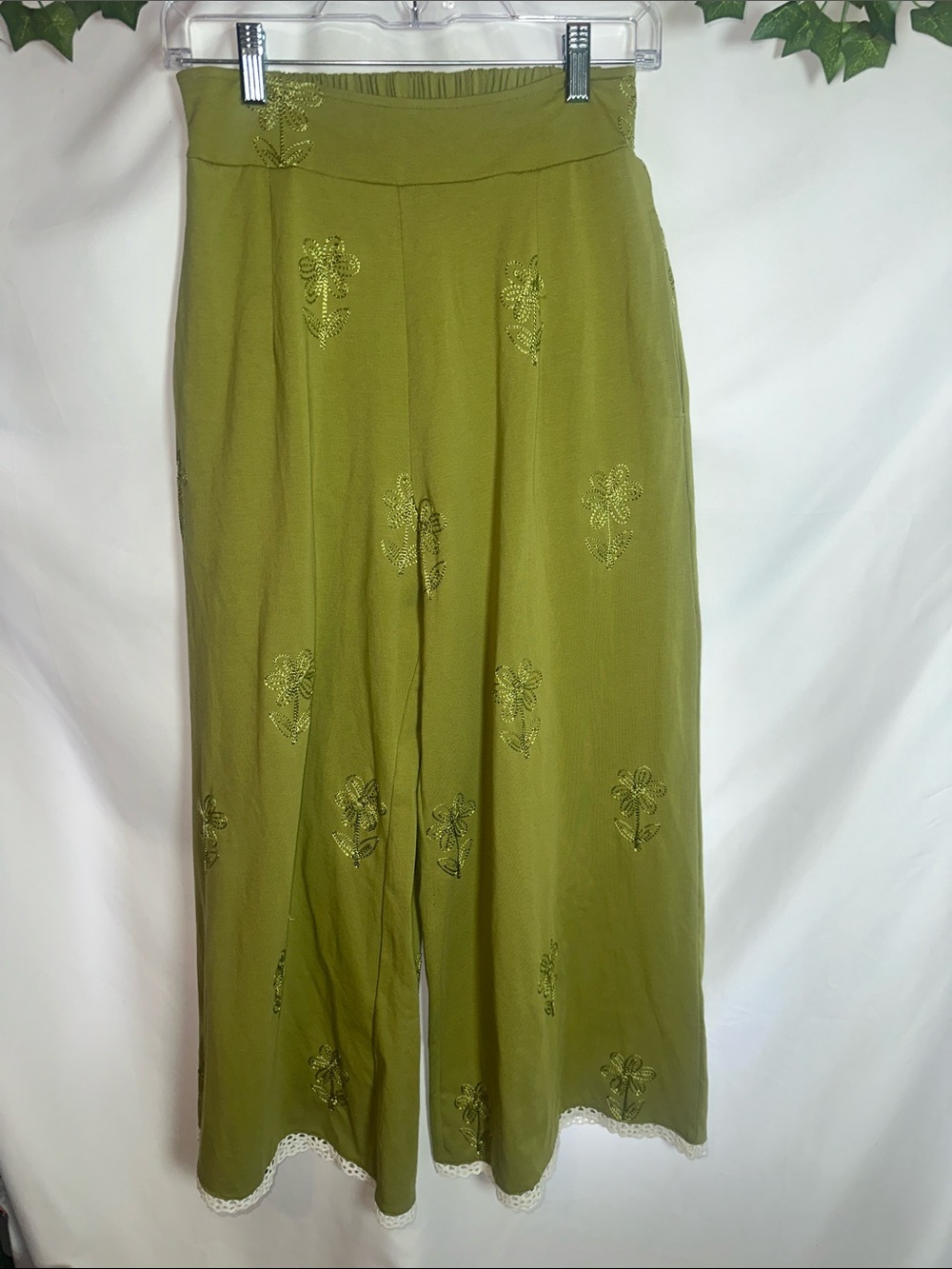 Olive Green Wide-Leg Embroidered Pants
